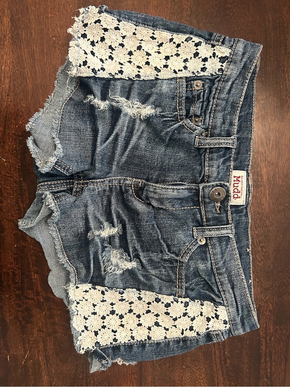 Mudd Denim Shorts with White Crochet Panels